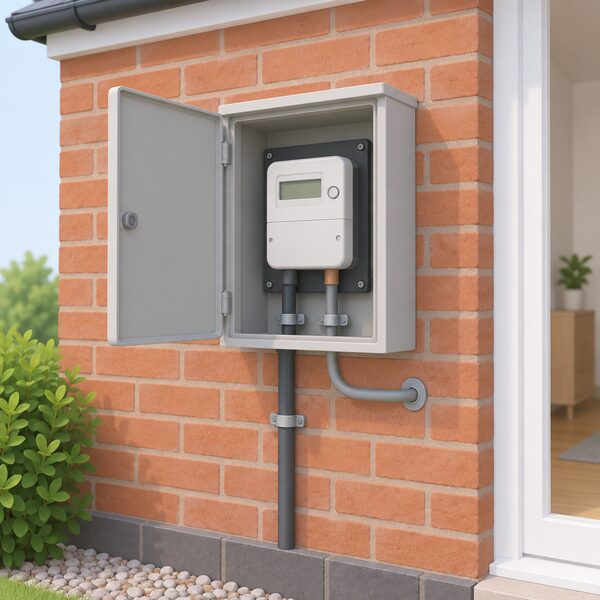 A domestic electricity meter in its cabinet on the outside wall of a brick house, with the incoming supply cable and the cable running into the house, drawn unchanged and undisturbed to show that switching supplier leaves the meter itself untouched.