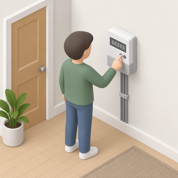 A householder standing beside a smart electricity meter on an interior wall, pressing its buttons to take a manual reading by hand, with the meter display showing plain blocks instead of readable figures.