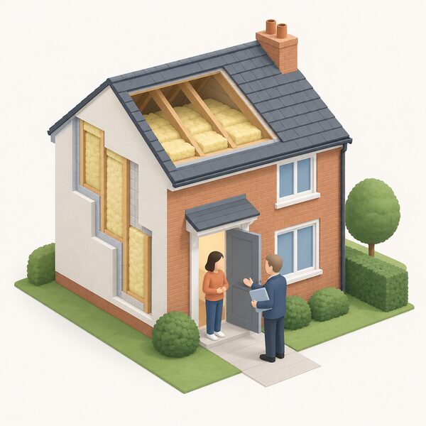 A homeowner standing at their open front door talking with an adviser holding a folder, the house exterior behind showing simple energy efficiency features such as wall and loft insulation, with no text or branding anywhere.
