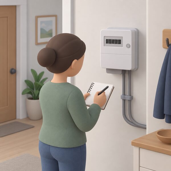 A householder standing at an indoor electricity meter on a wall, writing the meter's display reading into a notebook held in one hand, marking the boundary between the old and new supplier's accounts.