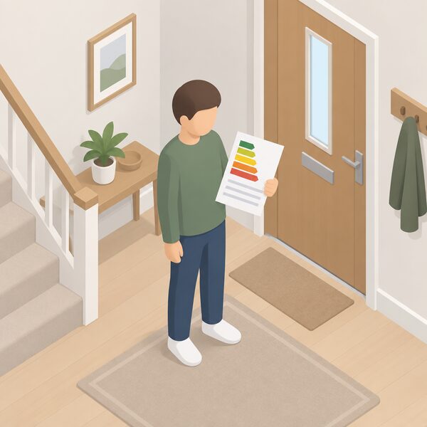 A simplified isometric figure standing in a home hallway holding an Energy Performance Certificate as a physical paper document, its front showing a plain colour rating band and blank lines with no readable words or numbers.