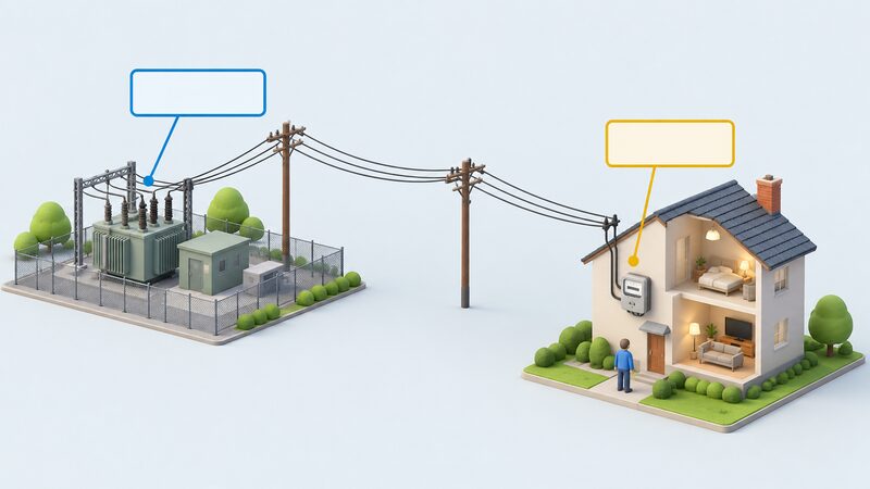 A simplified cutaway diagram of a house with its electricity meter, connected by overhead network cables to a local substation, with a blank label block beside the substation and cables for the network operator and a separate blank label block near the house for the supplier who bills.