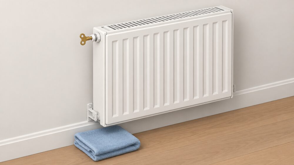 A close-up of a single panel radiator mounted on an interior wall, completely cold, with a small radiator bleed key fitted to the bleed valve at its top corner and a folded cloth held ready beneath the valve.