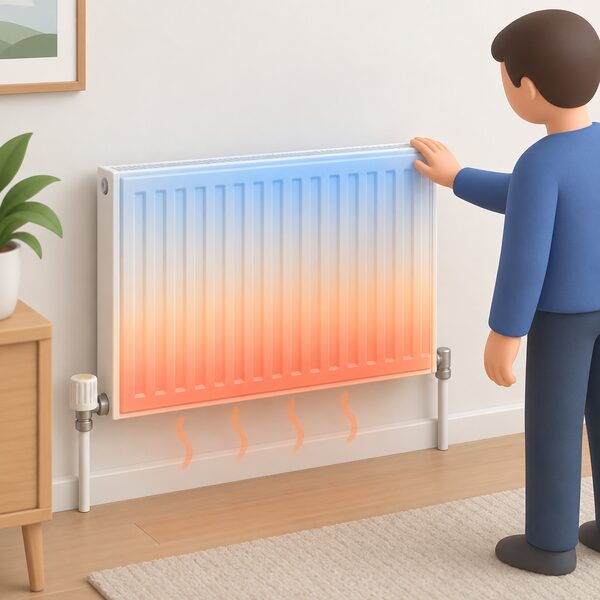 A wall-mounted panel radiator with the heating on, warm at the bottom and cold at the top, shown with a hand placed on one corner checking the temperature difference.