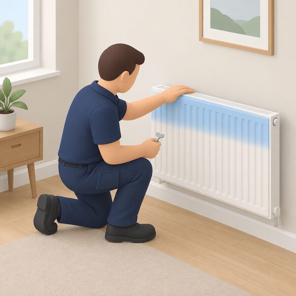 A qualified heating engineer in plain work clothing kneels beside a household radiator, one hand resting on its upper surface where a band of cold remains near the top despite bleeding, holding a bleed key and inspecting the radiator in a simply furnished room.