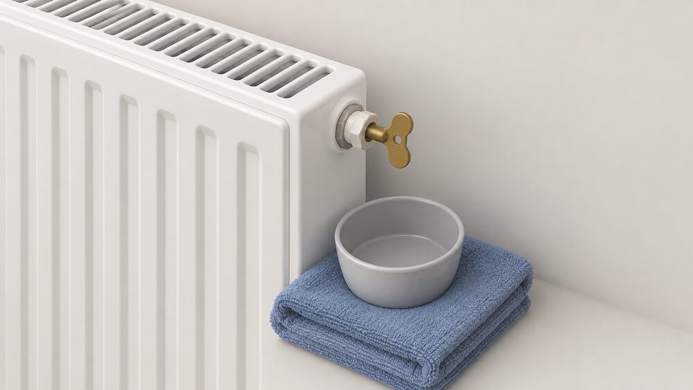 A close-up of the top corner of a cool domestic radiator with its bleed valve at the top side, a butterfly-shaped bleed key inserted in the valve, and a folded towel with a small container placed underneath to catch drips.