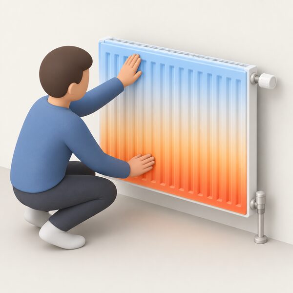 A household panel radiator with the heating on, warm at the bottom and cold at the top, shown with a simplified figure's hand resting on the lower part and the other hand slid up to the cool top, using plain colour shading to show the temperature difference.