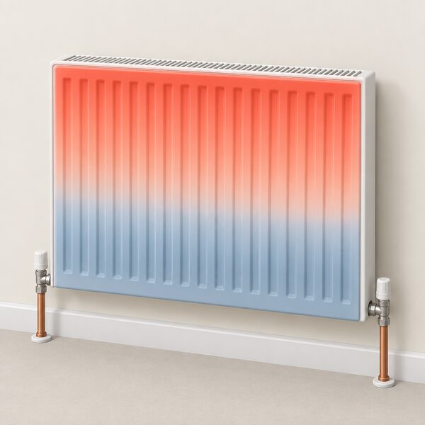 A single panel radiator shown in cutaway with the top half glowing warm red and the bottom third a dull cold blue-grey, standing against a plain wall with flow and return pipes at the bottom, illustrating the hot-top, cold-bottom pattern that points to sludge needing a professional power flush.