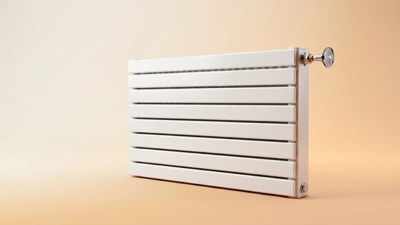 A white panel radiator with a bleed key in the bleed valve, photographed against a plain peach background