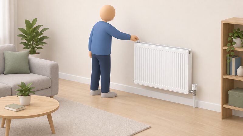 A wall-mounted panel radiator in a simply furnished room with a sofa and small table pulled well back from it, leaving the whole top edge and bleed valve clear, with a simplified figure standing beside it reaching toward the bleed valve for an annual check.