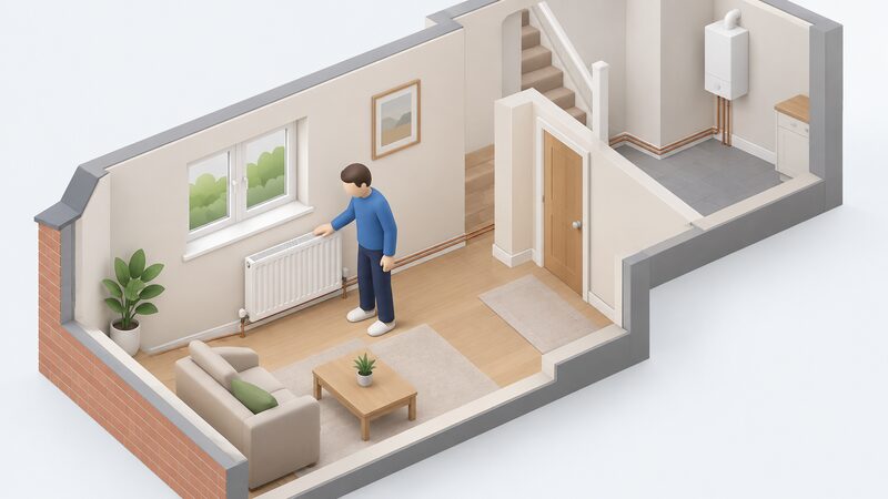 A simplified isometric figure stands beside a ground floor radiator, one flat hand resting on the top edge of the radiator to test for cold patches, with the boiler visible further along the wall behind.
