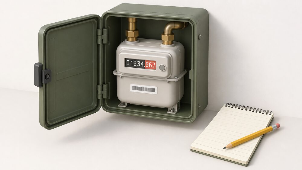 A close-up of a digital metric gas meter inside its surface-mounted outdoor meter box with the lid open, its display showing five digits followed by red decimal digits, a serial number label on the meter body, and a notepad and pencil resting beside it.