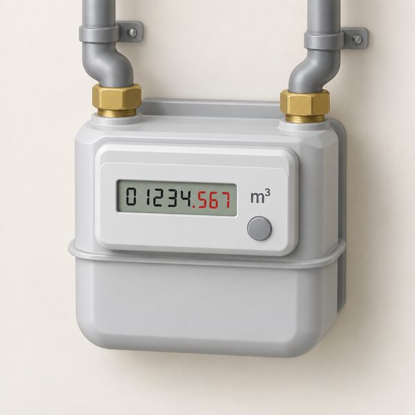 A close-up of a digital metric gas meter, mounted on a wall, with its electronic display showing five digits, then a decimal point, then trailing digits shown in red, and a plain unit marking on the faceplate.