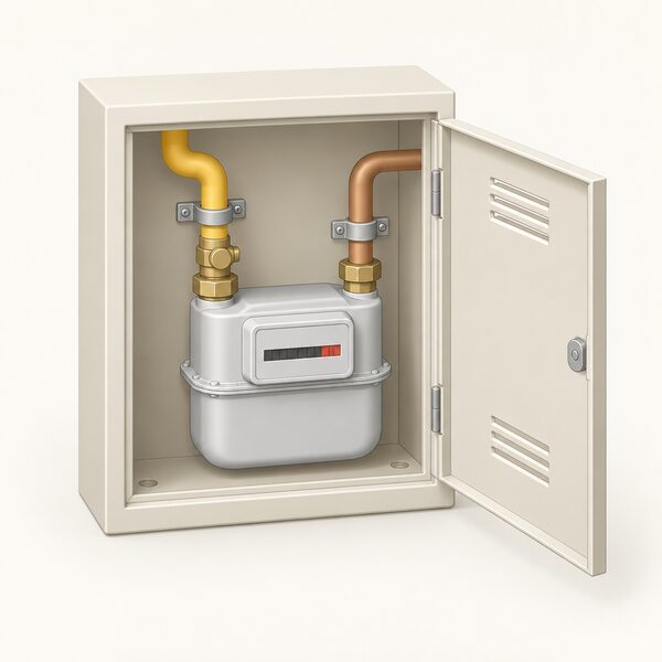 An untouched domestic gas meter inside its meter cupboard, shown with the inlet pipe entering from the network side, the outlet pipe running onward to the household appliances, and the meter itself left undisturbed with no one working on it.