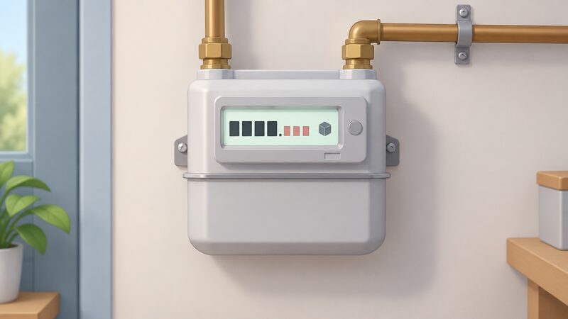 A close-up of a wall-mounted gas smart meter with its small screen lit, showing a meter index register of plain digit blocks followed by a unit marker for cubic metres, with the digits after the decimal point shown smaller or in a contrasting colour.