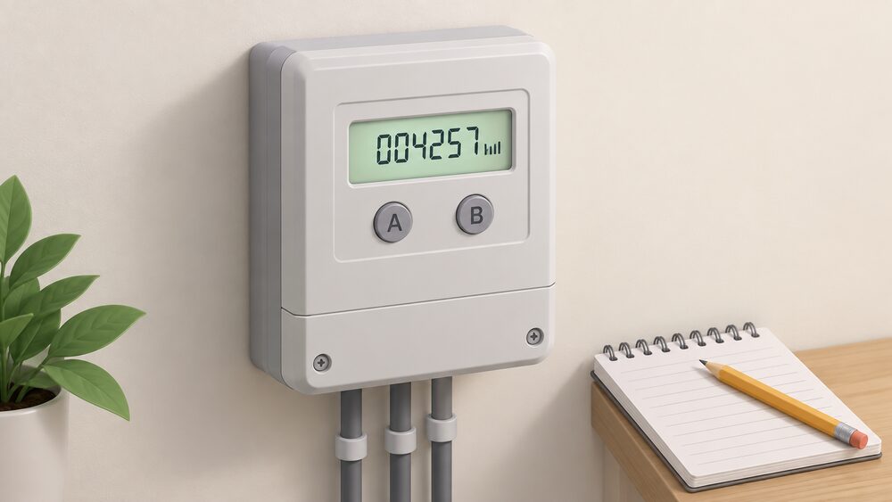 A close-up of a wall-mounted smart electricity meter with its screen lit showing a register reading, its A and B buttons below the screen, and a notepad and pencil resting beside it for writing the digits down.