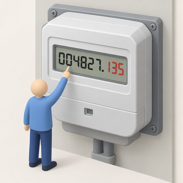 A close-up view of a digital electricity meter display showing a row of black digits followed by red digits after a decimal point, with a small simplified isometric figure pointing at the black digits to read and ignoring the red ones.