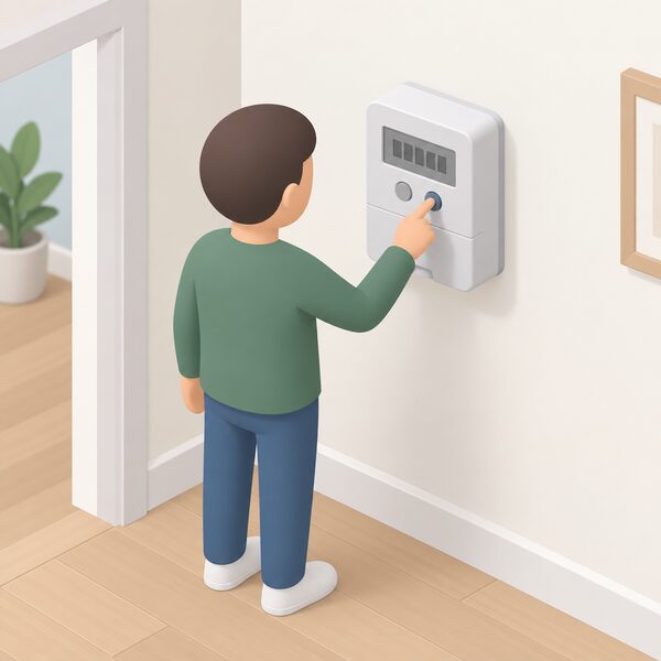 A simplified person stands at a wall-mounted smart electricity meter indoors, pressing one of its buttons to take a manual reading, with the meter's small display showing plain blank segments rather than readable figures.