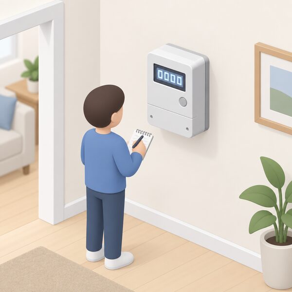 A wall-mounted smart electricity meter with its digital display lit, showing a cumulative register reading as simple digit blocks, with a small isometric figure noting the reading on a pad beside it.