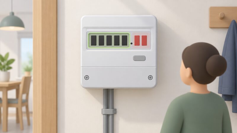 A close-up of a wall-mounted digital electricity meter display showing five black digits followed by red decimal digits, with the black digits highlighted as the reading and the red digits shown as not recorded.