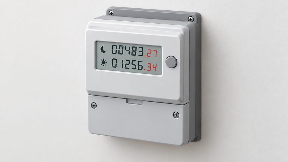 A close-up of a wall-mounted two-rate digital electricity meter with two rows of five black digits, the top row labelled low or night and the bottom labelled normal or day, with a single button beside the display and red digits after the decimal point.