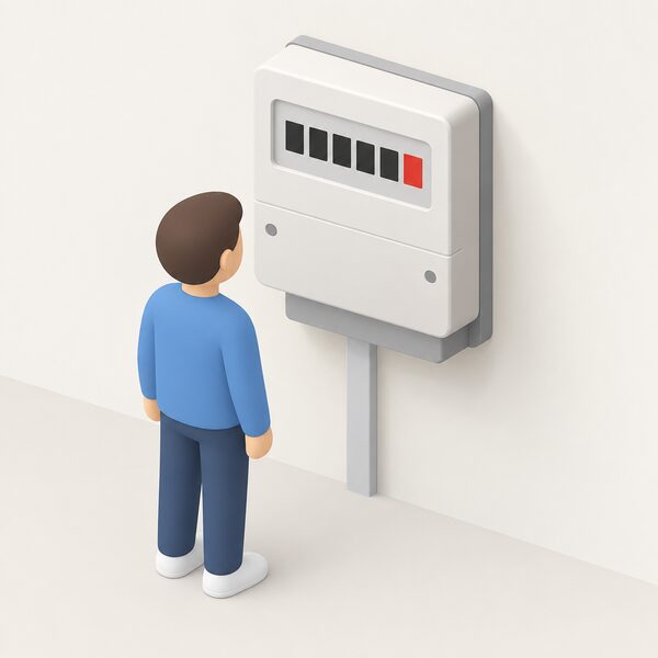 A close-up of a wall-mounted single-rate digital electricity meter display showing five plain black digit blocks followed by one red digit block, with a simplified isometric figure standing before it reading the display.