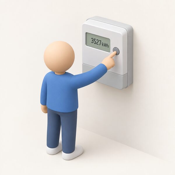 A simplified isometric figure presses a single button to the right of a wall-mounted electronic electricity meter, whose screen lights up showing a plain blocky number beside the letters kWh, with no other equipment in the scene.