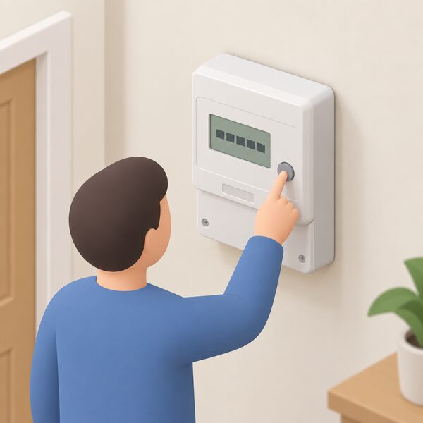 A wall-mounted two-rate electricity meter with a single digital display showing one rate reading, and a person's simplified isometric hand pressing the meter's button to switch to the other rate reading.