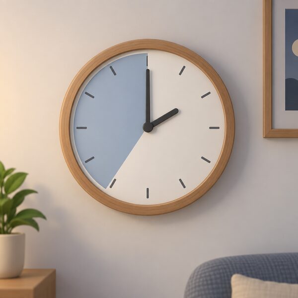 A simple analogue clock face showing a time during the night, with a shaded seven-hour band on its dial representing the off-peak window that usually runs between midnight and 7am, mounted on a plain interior wall of a home.
