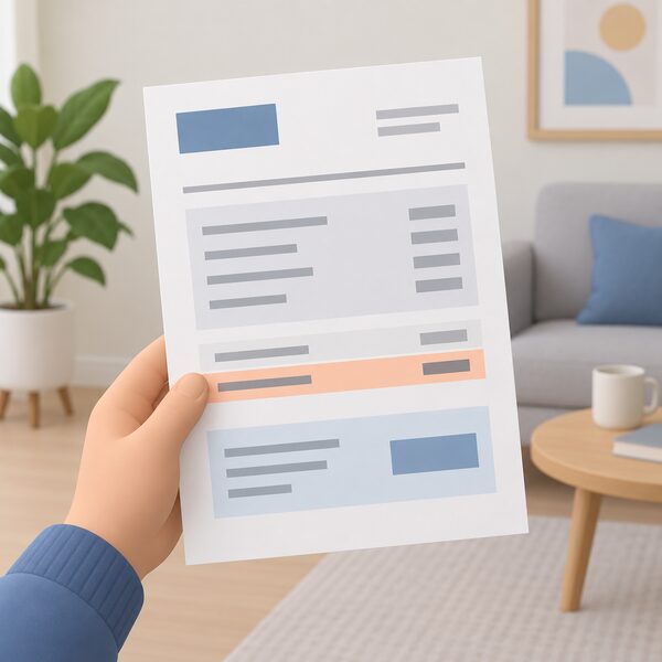 A close-up of a hand holding an energy bill sheet in a home setting, with a plain colour band marking one meter reading as estimated, shown only as blank lines and simple blocks so nothing is readable.