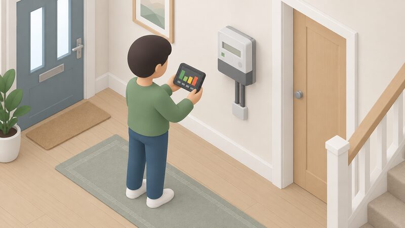 A small simplified person stands in a home hallway beside the electricity meter on the wall, holding the in-home display whose screen shows a plain colour band and simple blocks representing current electricity use, with the meter visible nearby.