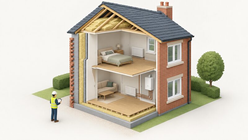 A cutaway diagram of a simple house showing the fabric elements an assessor records: walls with an insulation layer, roof, floor, windows and a boiler with radiators, with a small isometric assessor figure standing outside observing the dwelling.