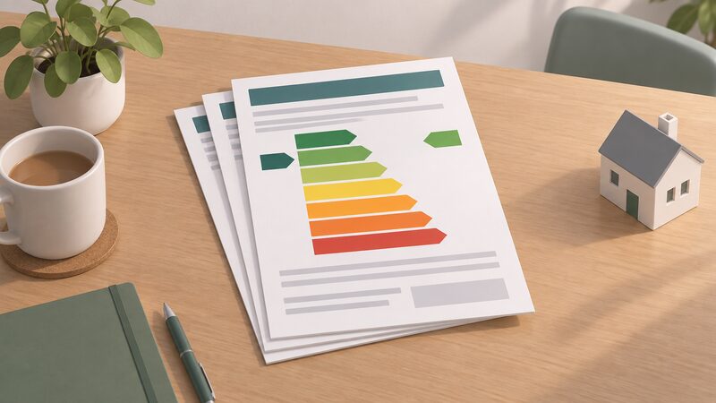 A four-page domestic Energy Performance Certificate lying on a table, its first page showing the A to G colour band chart as a printed object with two plain arrow markers, one on the left for the current rating and one on the right for the potential rating, all content otherwise blank lines and colour bands.