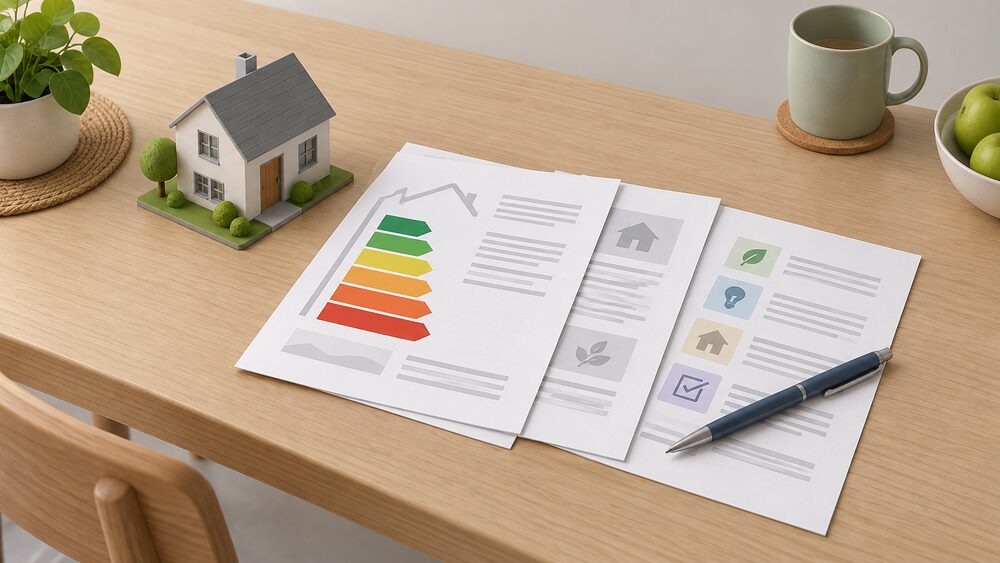 A printed four-page energy certificate lying on a kitchen table beside a small model of a house, with a coloured A-to-G rating band chart of plain coloured blocks running down one page and a pen resting on the recommendation pages.