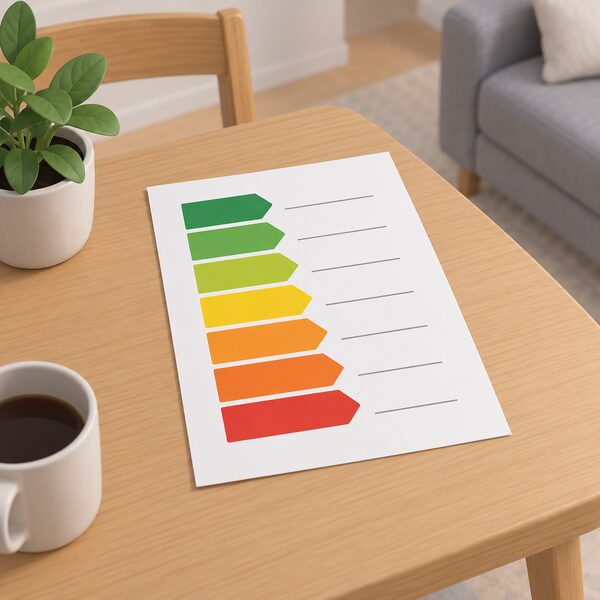 A printed energy performance certificate lying on a table in a home, drawn as a physical sheet with a vertical column of seven plain colour bands from green to red, each band a blank block with a blank line for its letter, no readable words or numbers.