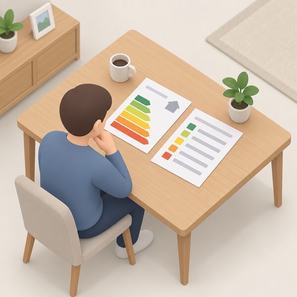 A printed recommendations report lying on a table beside the printed energy performance certificate, its page showing a plain list of improvement measures as blank lines and colour bands, with a small isometric figure of a homeowner reading the two documents together.