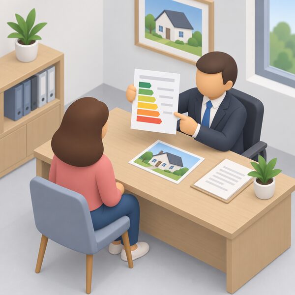 An estate agent in a plain office stands across a desk from an enquiring buyer, holding up a printed certificate sheet so the buyer can see it, with a house photograph and property details on the desk between them.