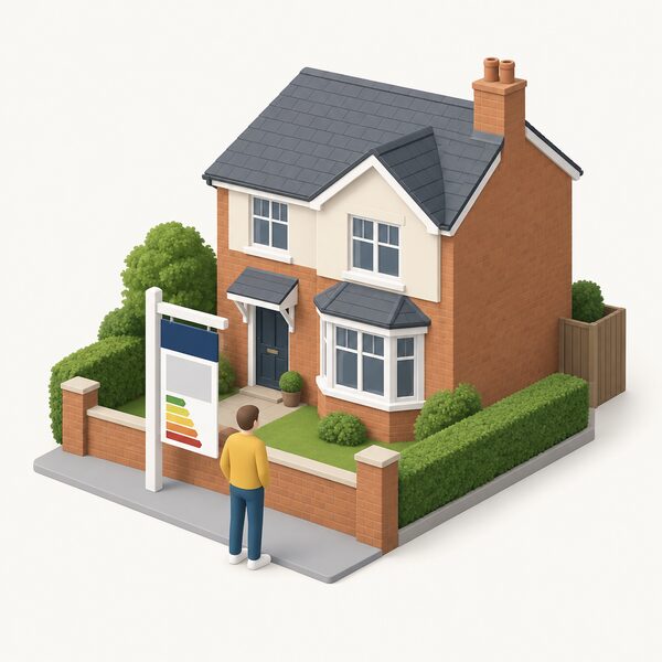 A typical UK house with a for-sale board outside, beside a large property advertisement sheet pinned to the board showing a blank photo block and a plain colour rating band, with a simplified figure pausing to look at it.