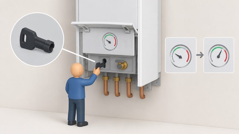 A wall-mounted older combi boiler with its front panel open, showing a small isometric figure inserting the model-specific filling key into the keyhole beneath the boiler and a pressure gauge on the front with the needle rising.