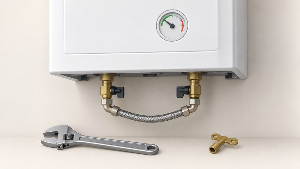 A close-up of the underside of a wall-mounted combi boiler with a braided filling loop hose connecting two small tap valves beneath it, and the round pressure gauge dial on the front visible above, with a spanner resting nearby.
