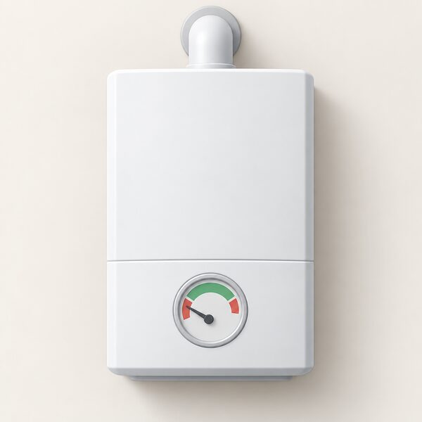 A close-up of a wall-mounted combi boiler's front panel with its round pressure gauge showing the needle resting in a plain low-pressure zone below the marked threshold, drawn as a physical object on the boiler with no readable numbers.