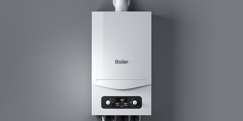 A white wall-mounted gas combi boiler with a control panel and display, labelled 'Boiler', on a grey wall