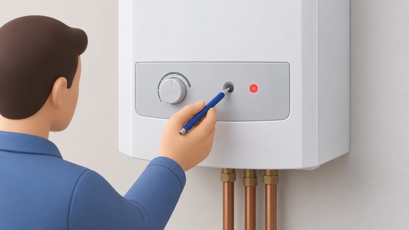 A close-up of a wall-mounted boiler's front fascia where a hand holds a ballpoint pen and presses its tip into a small recessed reset button sunk into the control panel, with a plain lockout indicator light nearby.