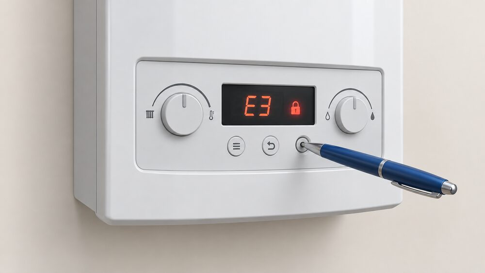 A close-up of a wall-mounted combi boiler's front control panel with a fault code showing on its display, a red lockout light lit, and the tip of a ballpoint pen pressed against a small sunk reset button beside the display.