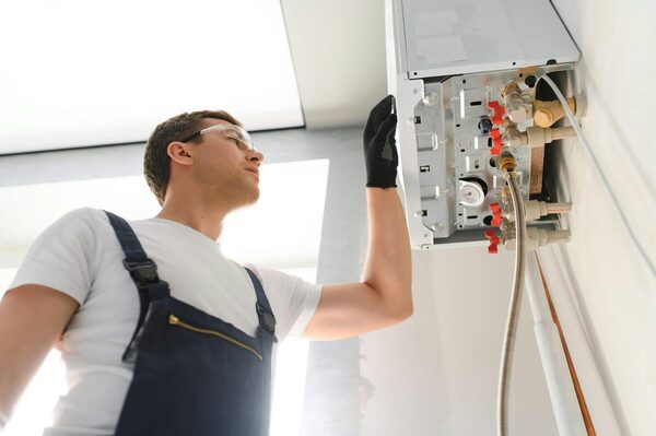 A technician in overalls and safety glasses working on a wall-mounted gas boiler with its casing removed
