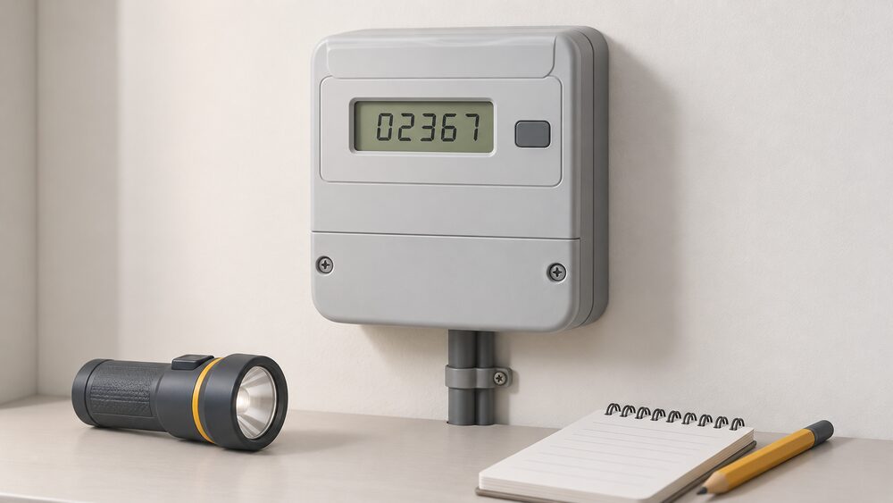 A close-up of a single digital electricity meter mounted on a plain wall, its screen showing one row of five digits, with a torch and notepad resting nearby as if someone has just taken a manual reading.