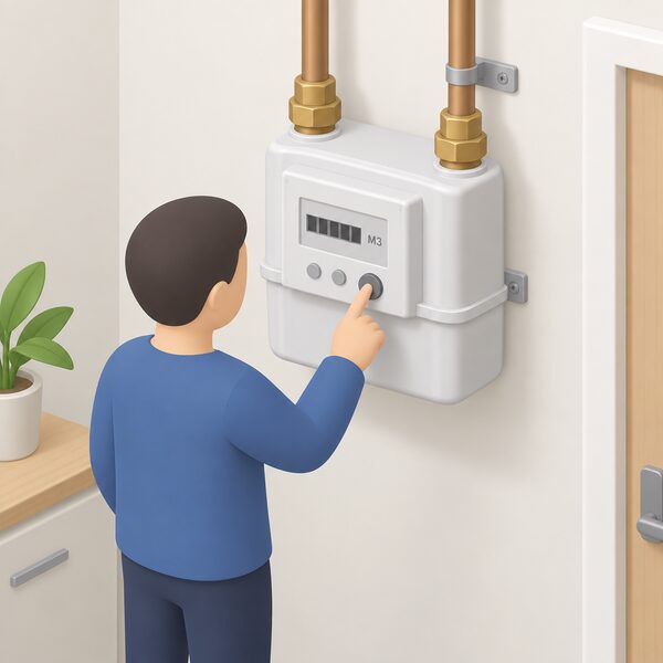 A wall-mounted gas smart meter with its screen showing a plain number display followed by a small M3 unit marker, with a simplified figure standing beside it pressing one of the meter's buttons to bring up the volume reading.