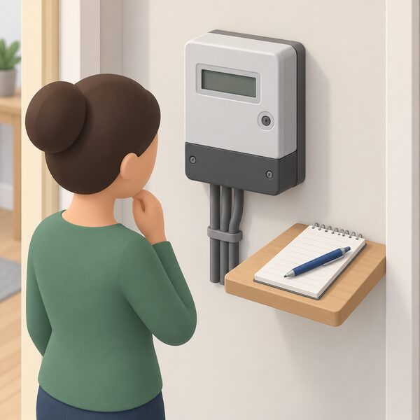 A domestic electricity meter mounted on an interior wall with a notepad resting on a small ledge beside it and a pen lying on the notepad, set up ready for someone to take a manual reading to correct an estimated bill.
