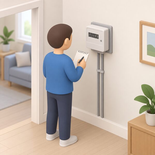 A domestic electricity meter mounted on an interior wall, with a simplified figure standing before it reading the display and writing the number on a notepad, showing the reading as the traceable source of every charge.