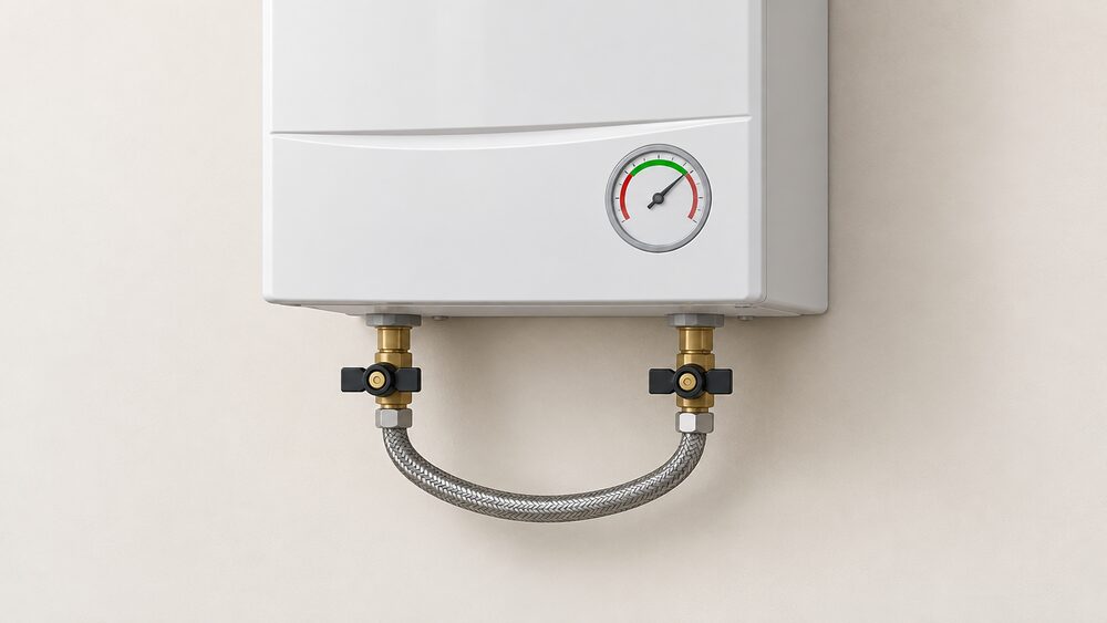A close-up of a wall-mounted combi boiler's round pressure gauge with a needle in the green zone, beside a braided filling loop with two small valves, all on a plain indoor wall.
